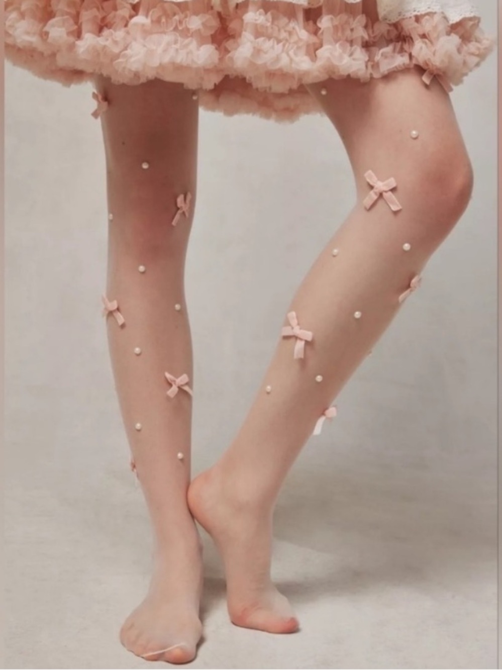 Free People Velvet Pink Bow & Pearl Sheer White Tights One Size NEW